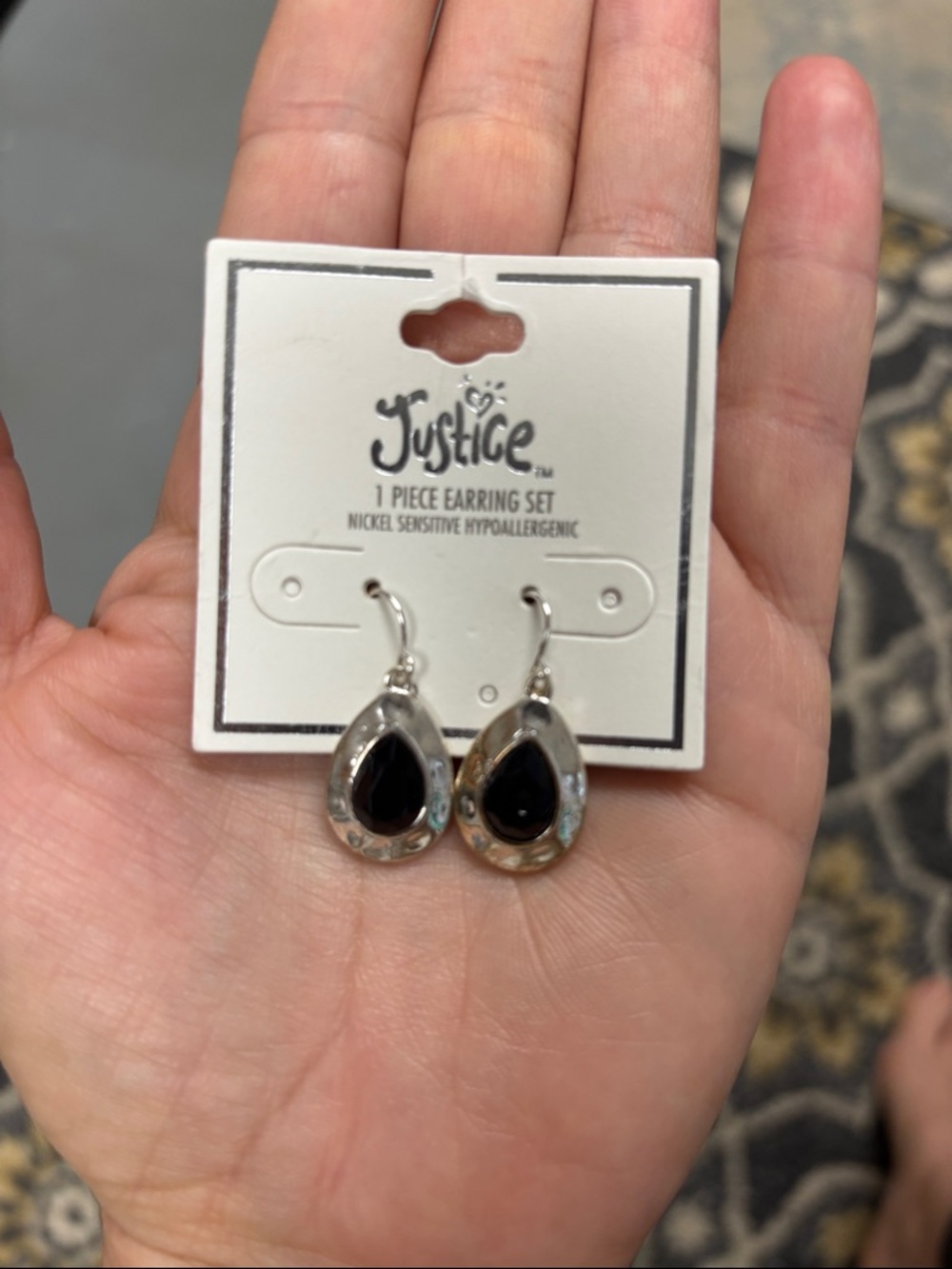 Justice Silver Teardrop Earrings with Black Stones